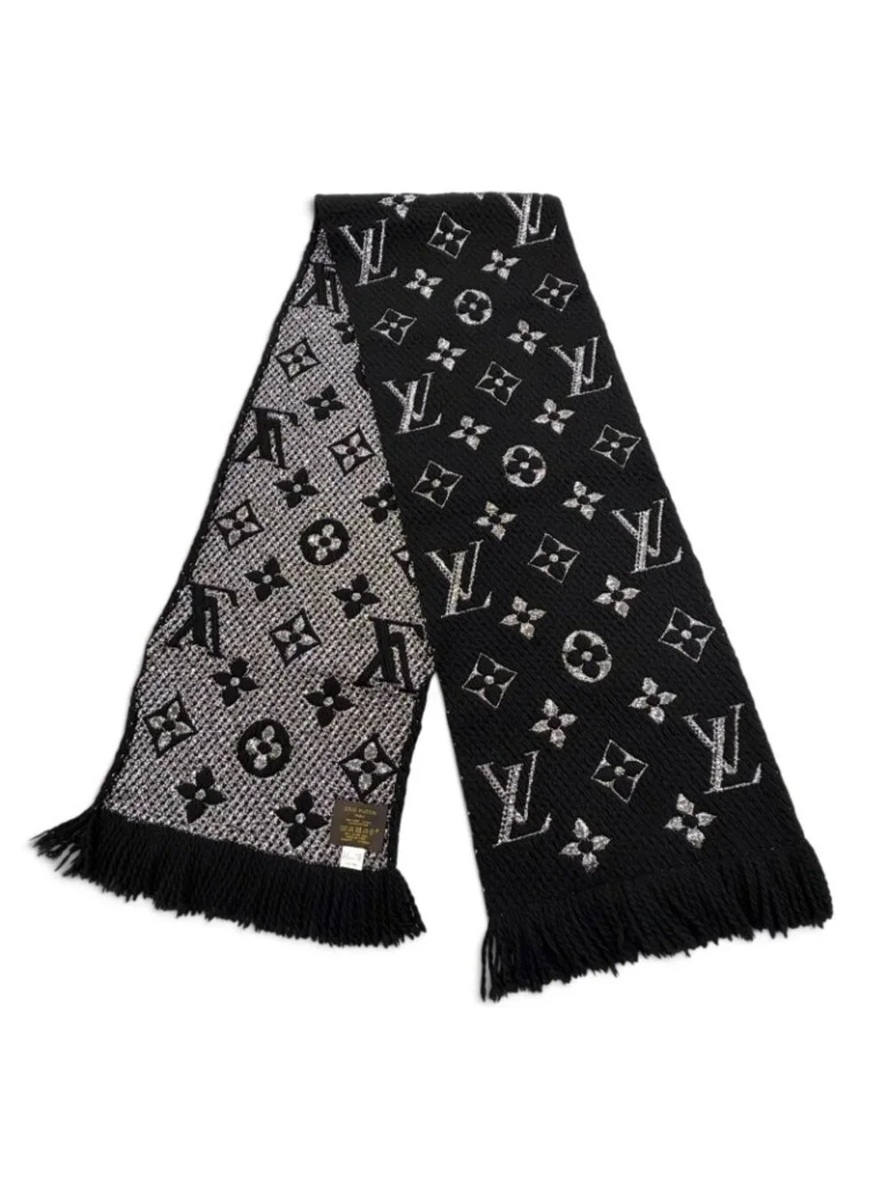 Louis Vuitton Echarpe Logomania Shine Wool Silk Monogram Scarf with Fringe